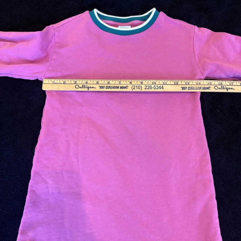 Hanna Andersson Girls Pink French Terry Sweatshirt Dress Teal Ribbed Trim120 6-7